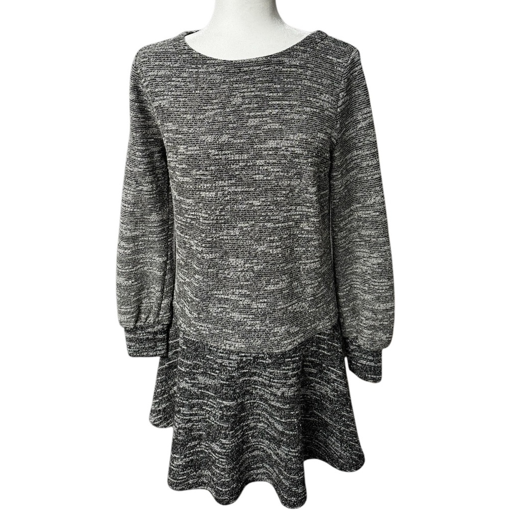 Loft Ann Taylor womens Sm dress black white silver tweed long sleeve flare hem